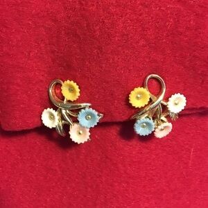 Vintage Floral Clip Earrings Pink Blue Yellow White Gold